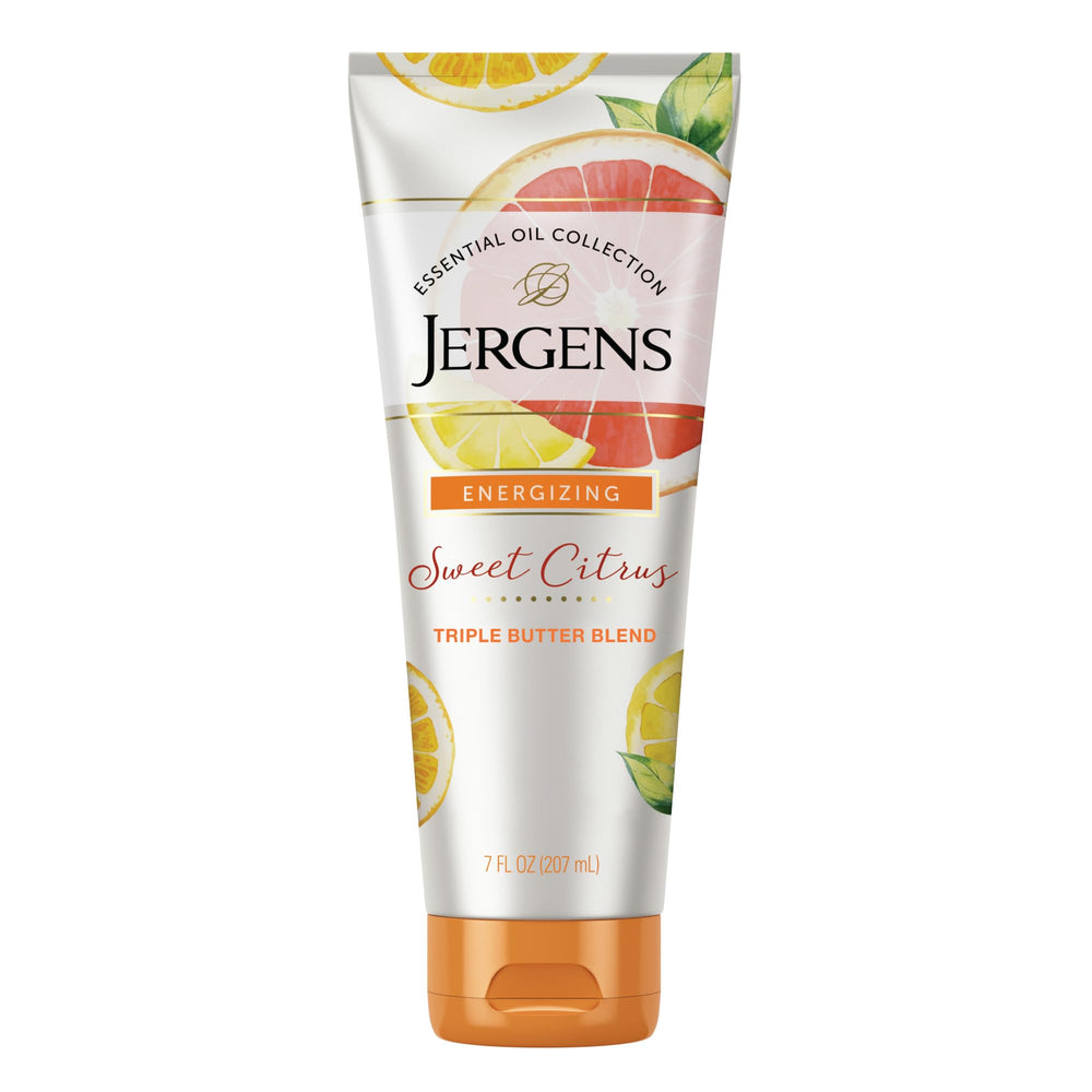 Jergens front packaging showing 7 oz bottle and citrus branding for cheerful hydration