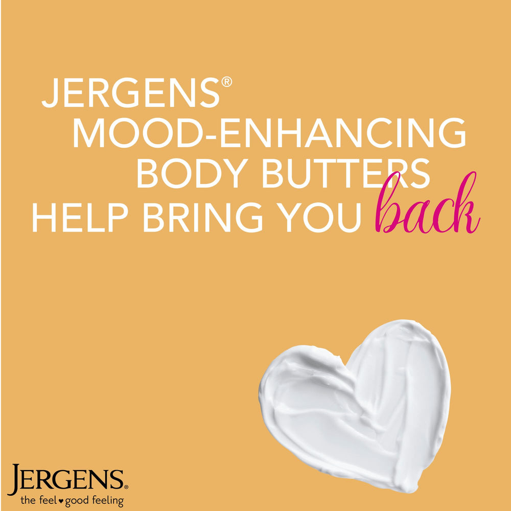 Jergens key ingredients shea cocoa mango butters displayed to show nourishing blend