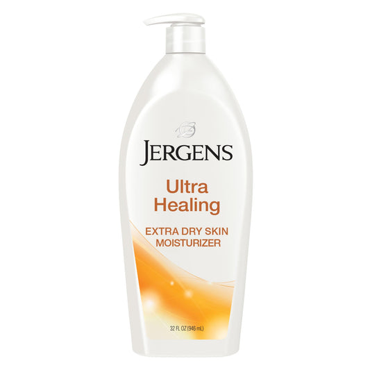 Jergens lotion front packaging showing 32oz bottle and pump benefit quick dispensing