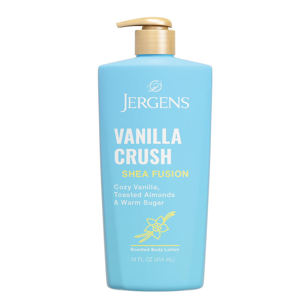 Jergens bottle front packaging showing Vanilla Crush scent and benefits