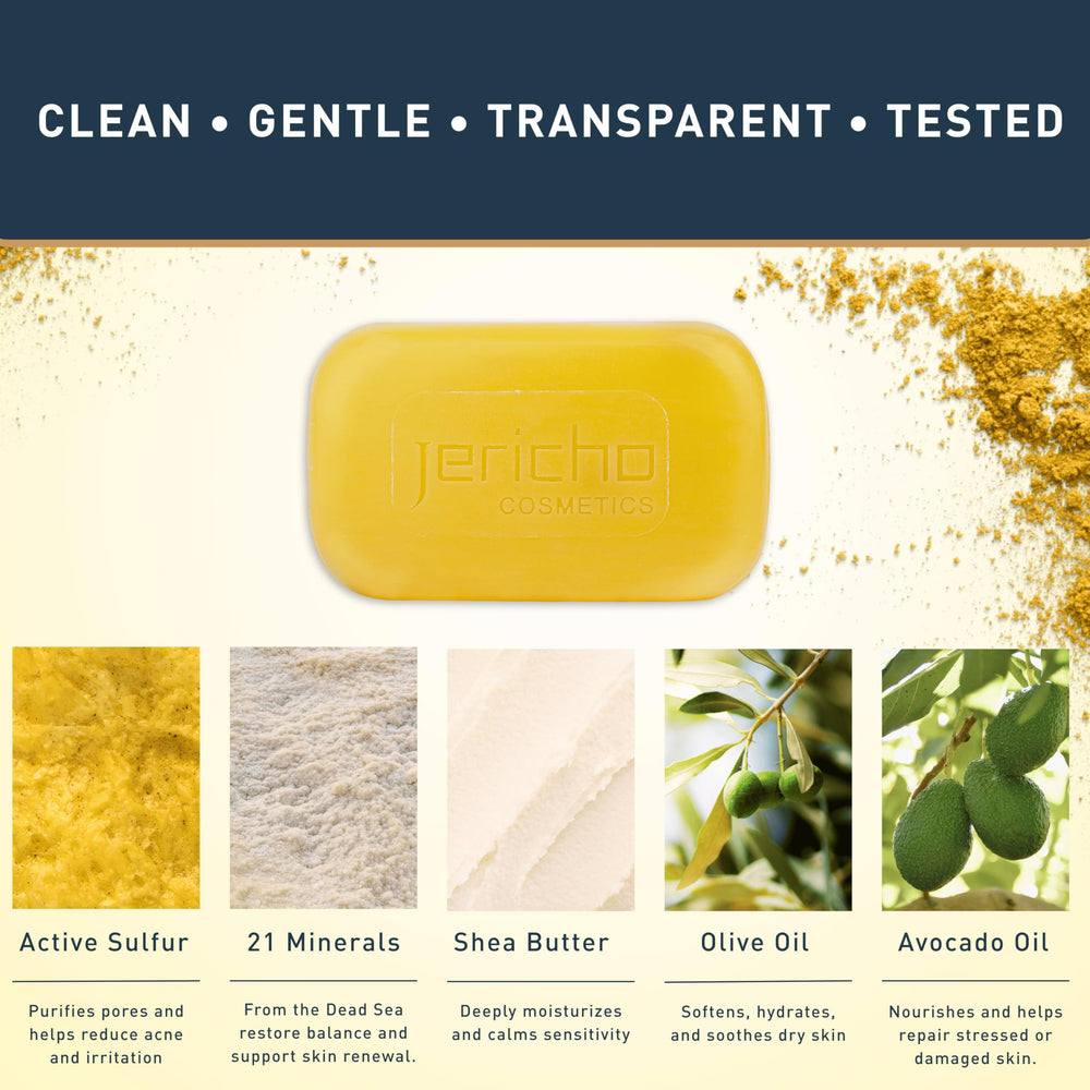 Cross-section cutaway of Jericho soap revealing dense, long-lasting bar texture and ingredients