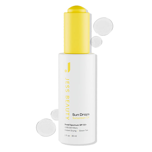 JESS BEAUTY front bottle view showing SPF 50 sunscreen oil benefits