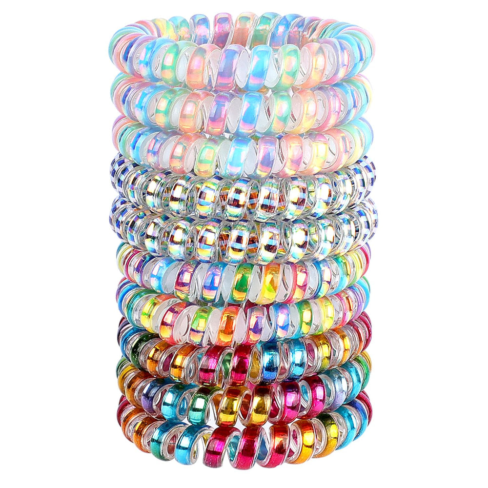 JessLab front group display showing ten colorful spiral hair ties and variety