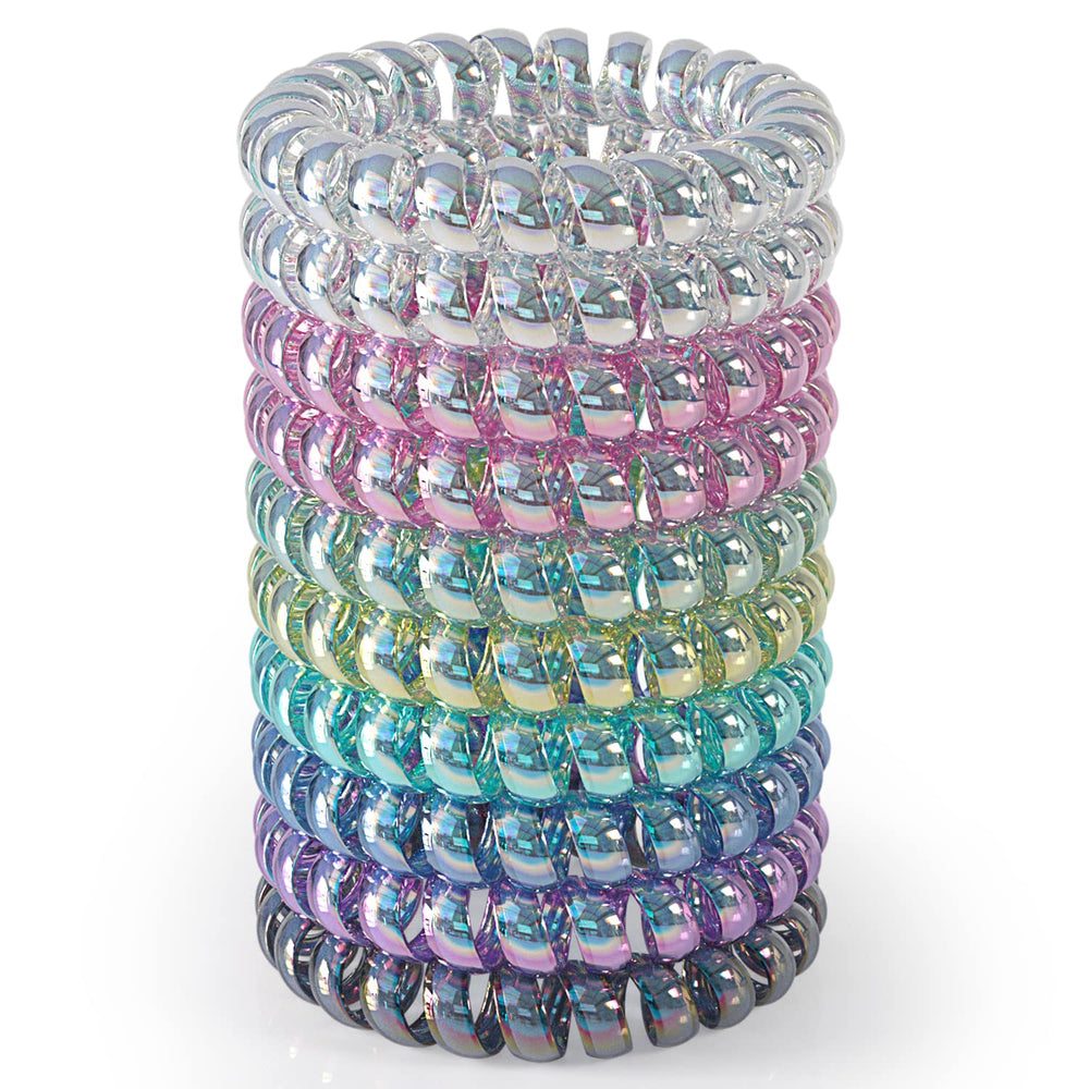 JessLab front packaging shows 10 assorted spiral hair ties and benefits