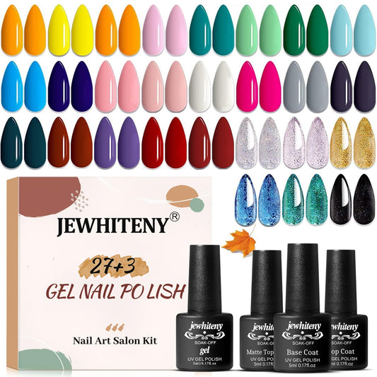 JEWHITENY front box set neatly packed showing 27 gel polish bottles as a gift-ready kit