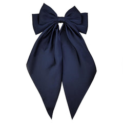 JGQUR navy satin bow front view adds polished, elegant finishing touch