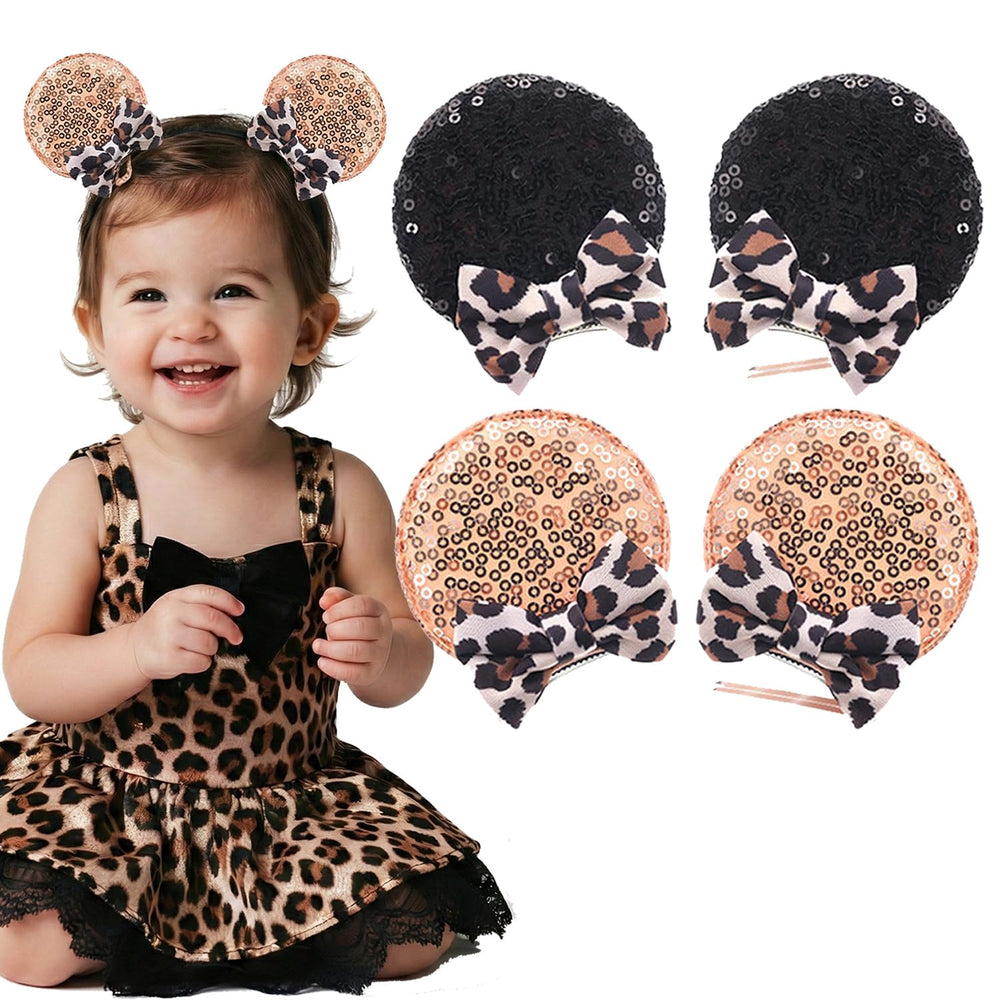 JIAHANG front view of cheetah mouse ear clips showing vibrant pattern and bow benefit visibility