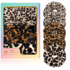 JIRIS front view of leopard satin scrunchies pack showing patterns and colors.