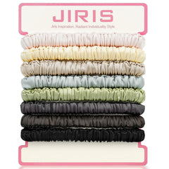 JIRIS front packaging showing eight colorful satin scrunchies and neat arrangement for gifting