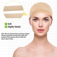 JJUNW band placed under a wig cap illustrating secure non-adhesive hold and comfort
