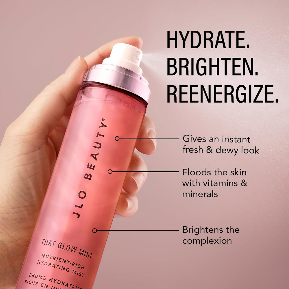 JLO BEAUTY mist spray close-up demonstrating ultra-fine dewy finish
