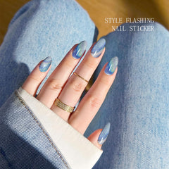jmeowio applied on nails of hand model showing durable shiny finished manicure