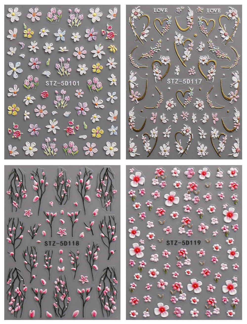 jmeowio close-up of a single sheet displaying varied floral sticker patterns clearly