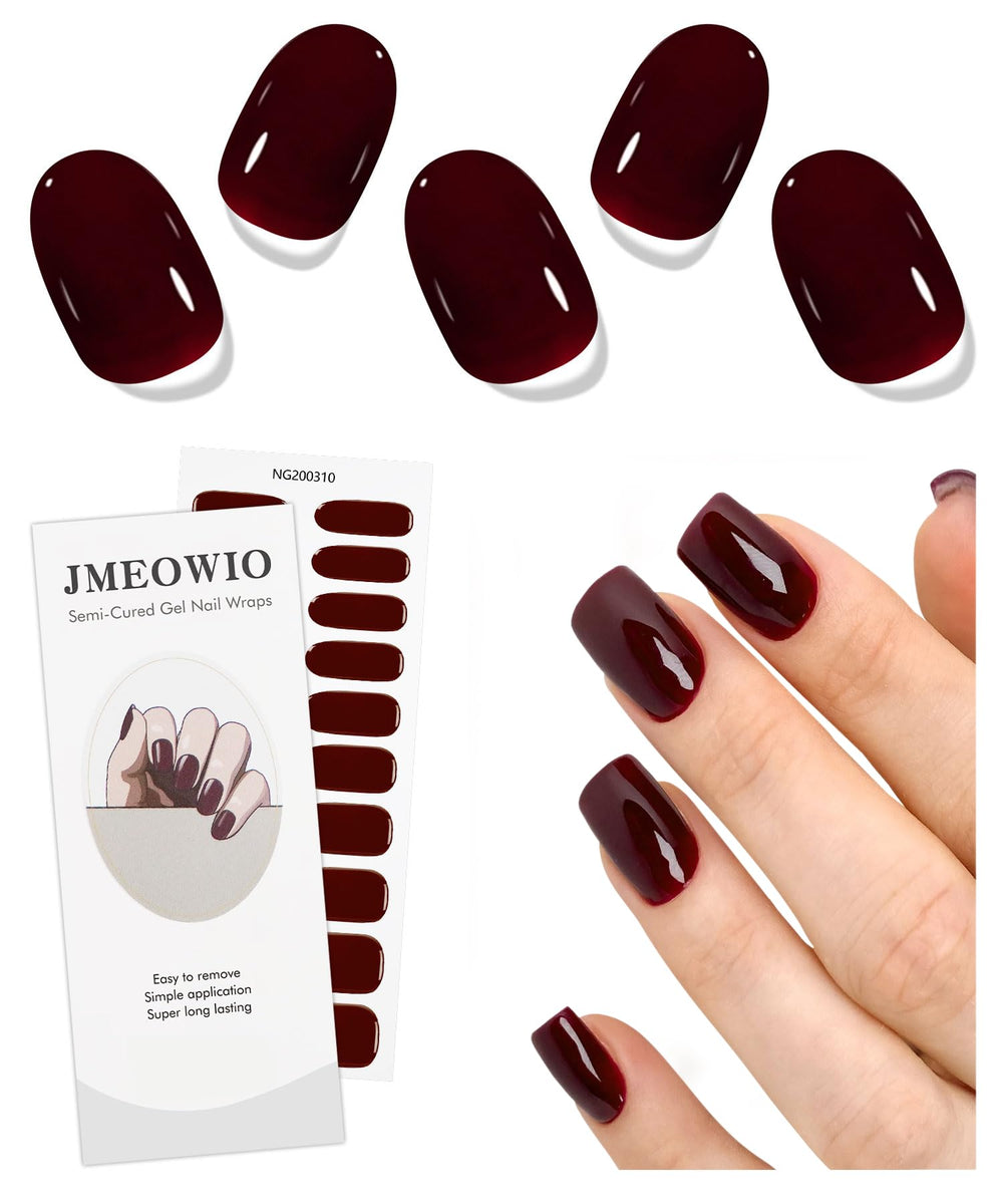 jmeowio front packaging showing wine red gel strips and tools for quick application