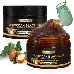 Joanssore front packaging showing two black soap bars and glove, clean presentation benefit