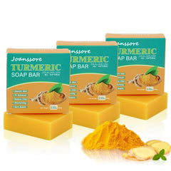 Joanssore front packaging showing three turmeric soap bars for gentle cleansing