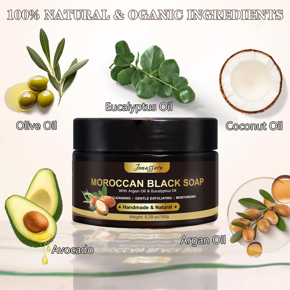 Joanssore ingredients display olive argan eucalyptus emphasizing nourishing natural oils