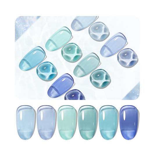 JODSONE front packaging showing six ocean jelly gel bottles and palette benefit: clear color presentation
