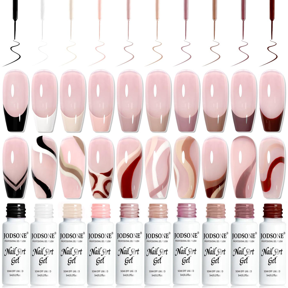 JODSONE front packaging of 10-color mocha nail gel liner set showing bottles and palette benefit precise choices