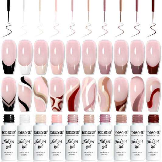 JODSONE front packaging of 10-color mocha nail gel liner set showing bottles and palette benefit precise choices
