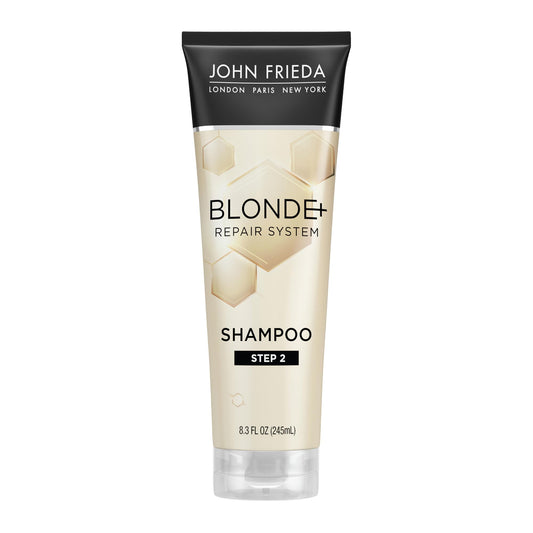 John Frieda front packaging showing shampoo benefits and bond building