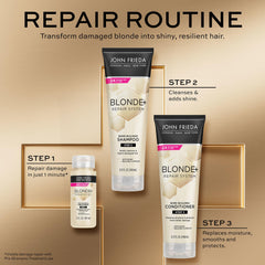 John Frieda Blonde+ held in hand to show 8.3 oz size and scale