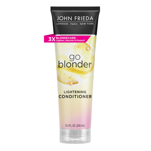 John Frieda front bottle showing label and brightens while hydrating hair