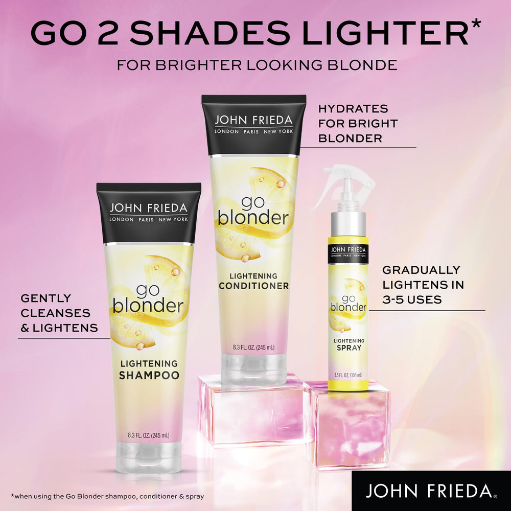 John Frieda bottle on bathroom shelf in styled lifestyle setting emphasizing routine