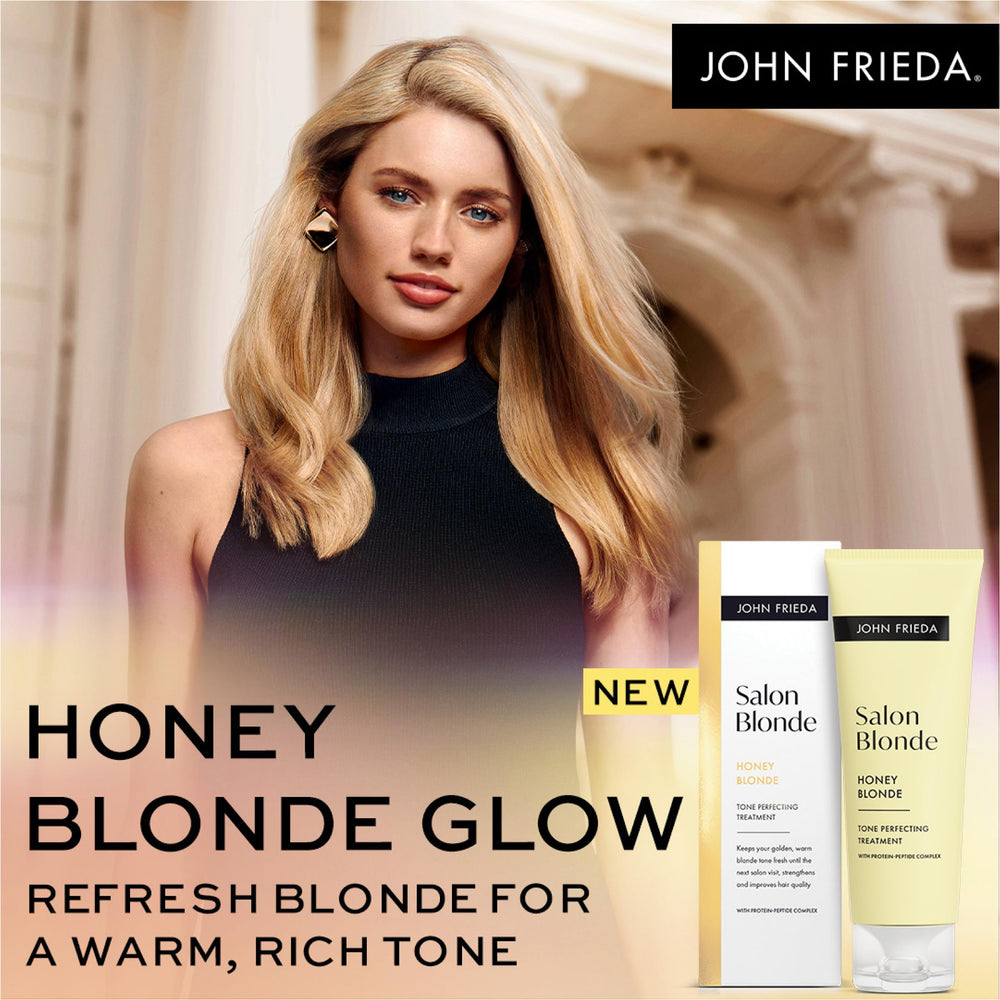 John Frieda before and after hair showing revived honey-blonde tone benefit
