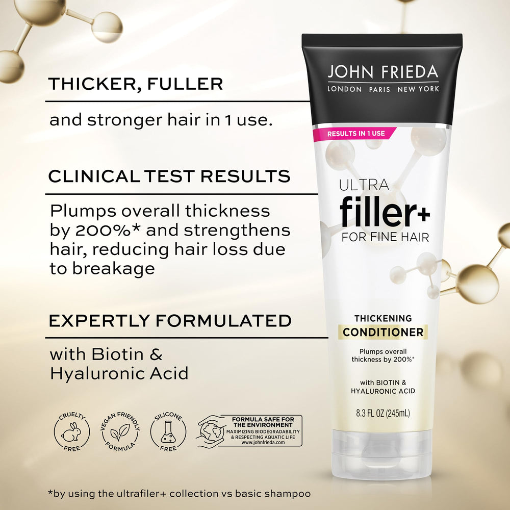 John Frieda conditioner cream texture close-up showing lightweight, creamy formula for plumping