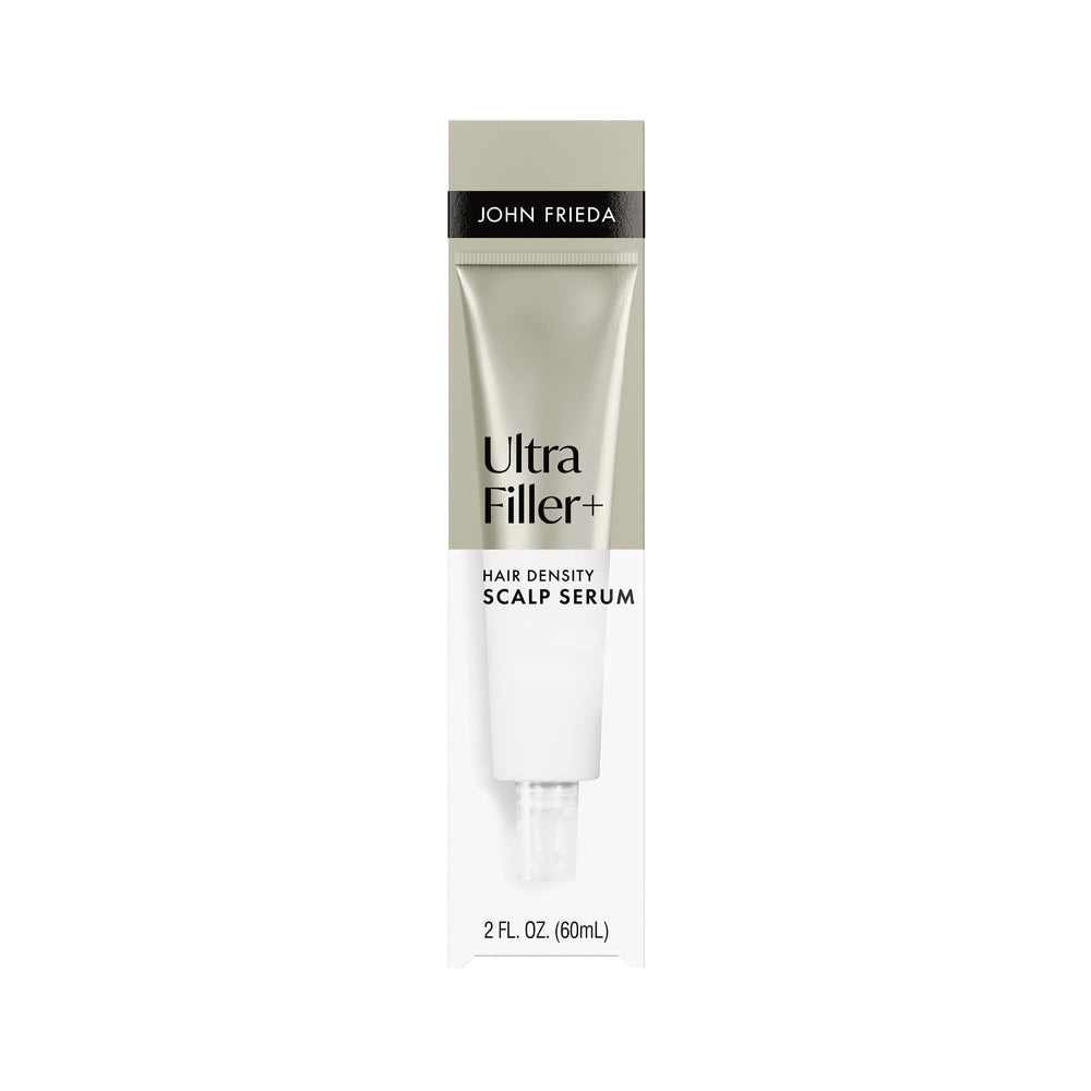 John Frieda front packaging of ULTRAfiller+ serum showing bottle and benefits