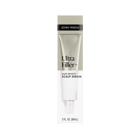 John Frieda front packaging of ULTRAfiller+ serum showing bottle and benefits