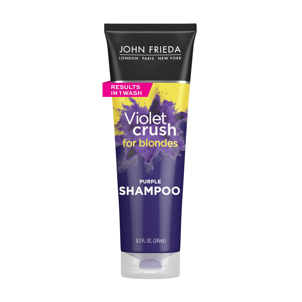John Frieda bottle front view showing violet crush branding and cool-toning benefit