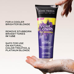 Pouring John Frieda purple shampoo to show crushed violet pigment texture and control