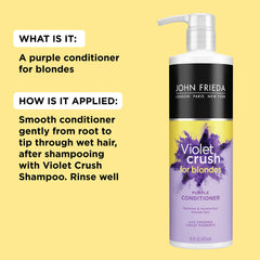 Pouring Violet Crush conditioner from bottle to show creamy consistency and control