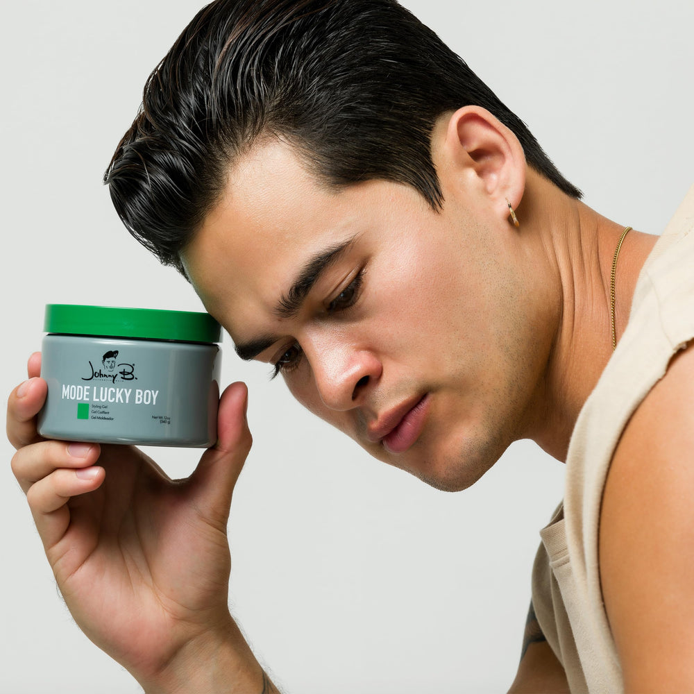 JOHNNY B. styled short hair with gel hold and high shine, illustrates styling result