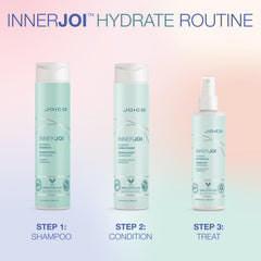 Model applying Joico InnerJoi while styling for smoother, tangle-free hair