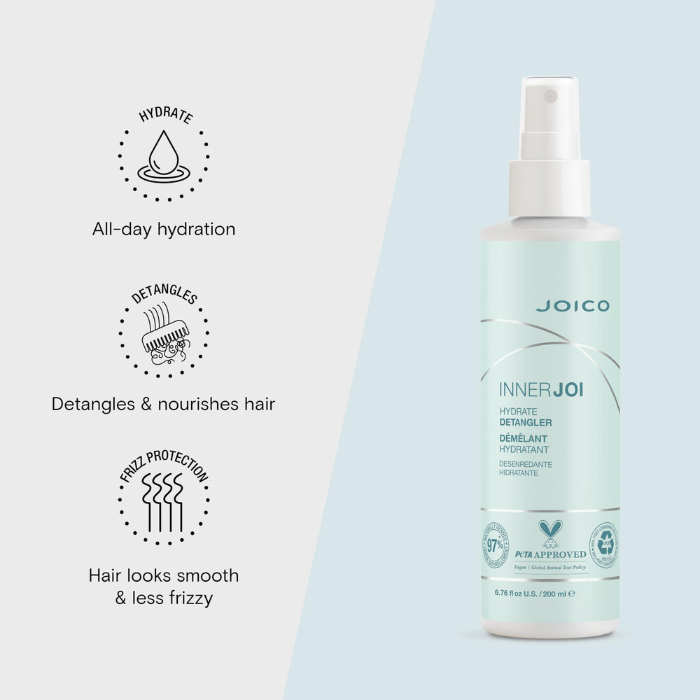 Joico InnerJoi mist texture on hair illustrating lightweight hydration and slip