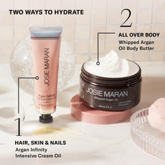 Josie Maran ingredients bowl with argan, shea, avocado showcasing natural nutrient sources
