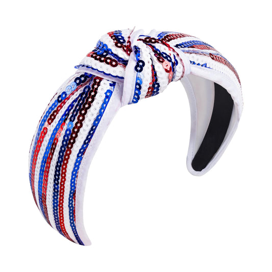 Joyline headband front view showing patriotic red white blue sequins and festive appeal