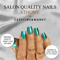 JOYVVEW hand model wearing teal chrome square nails for event-ready polished look benefit