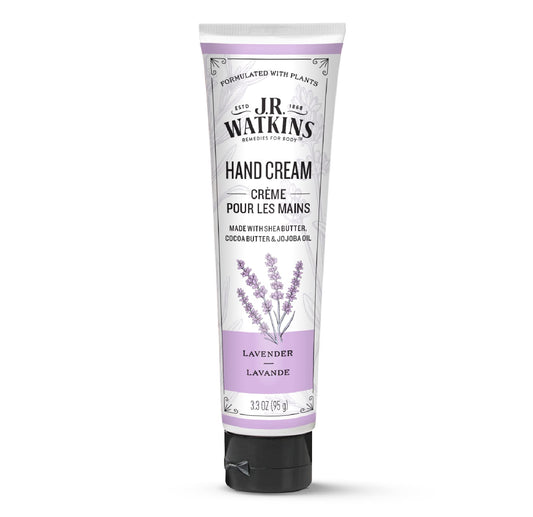 J.R. Watkins front tube showing lavender scent and size, hydrates hands.