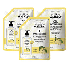 J.R. Watkins front packaging showing lemon refill pouch and benefits