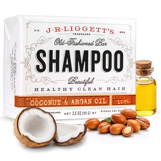 J·R·LIGGETT'S shampoo bar front packaging showing compact, eco-friendly benefit