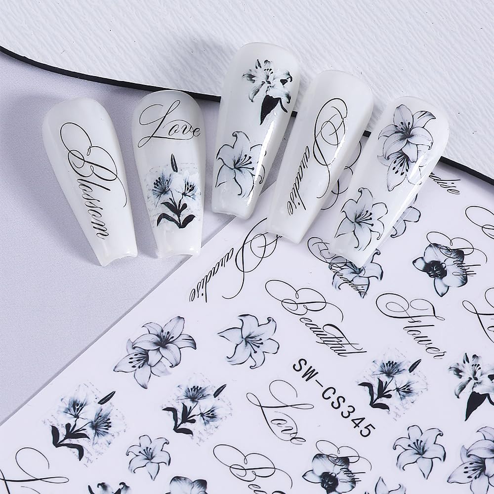 jufenglin sticker applied on nail showing black floral accent that upgrades style