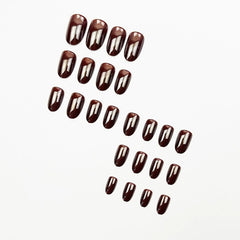 juggssa 24PCS arranged almond-shaped nails displaying sizes and glossy coffee brown finish