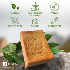 JUSIZA soap with olive and laurel oil bottles, emphasizes nourishing oils