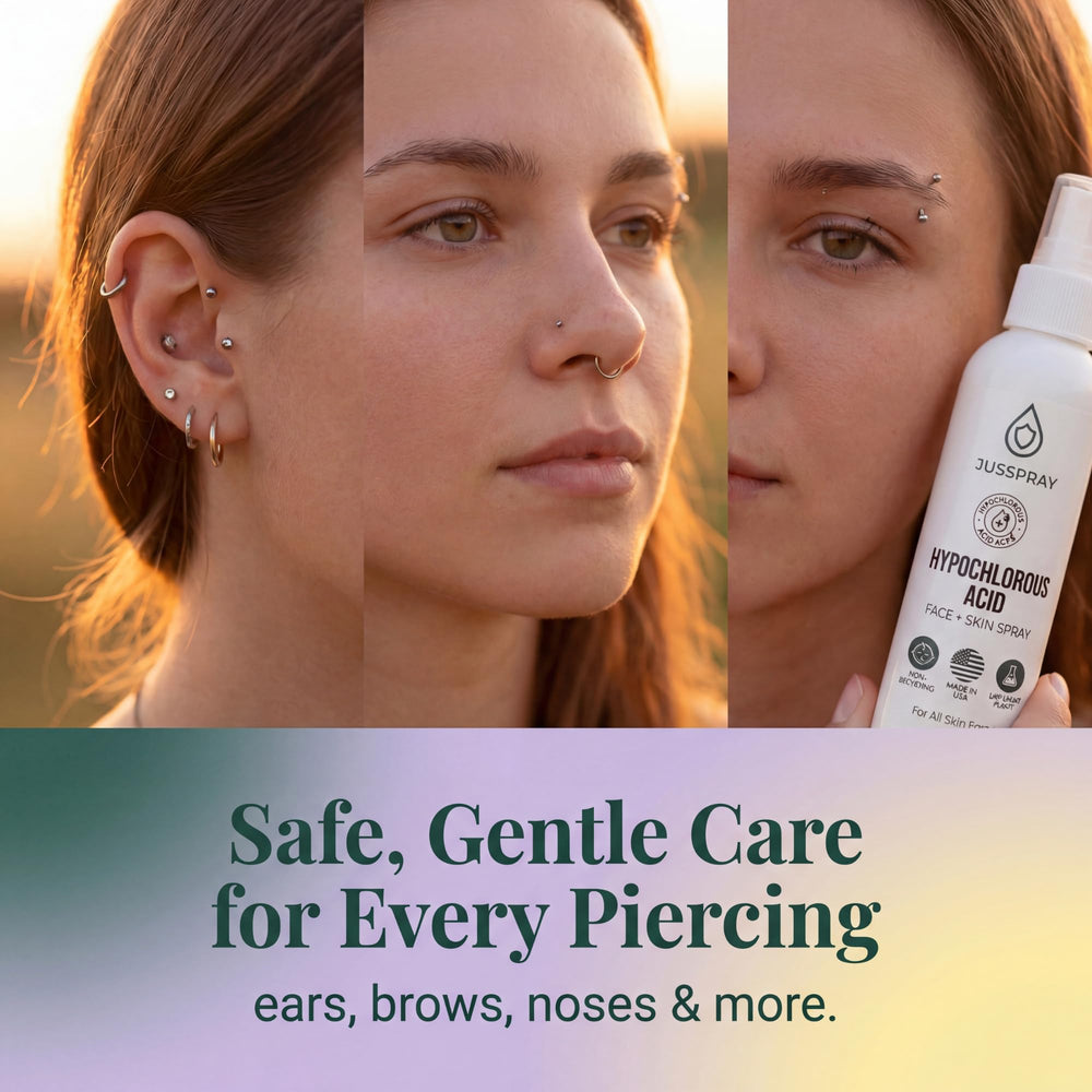 Jusspray used on new piercing highlighting gentle aftercare support