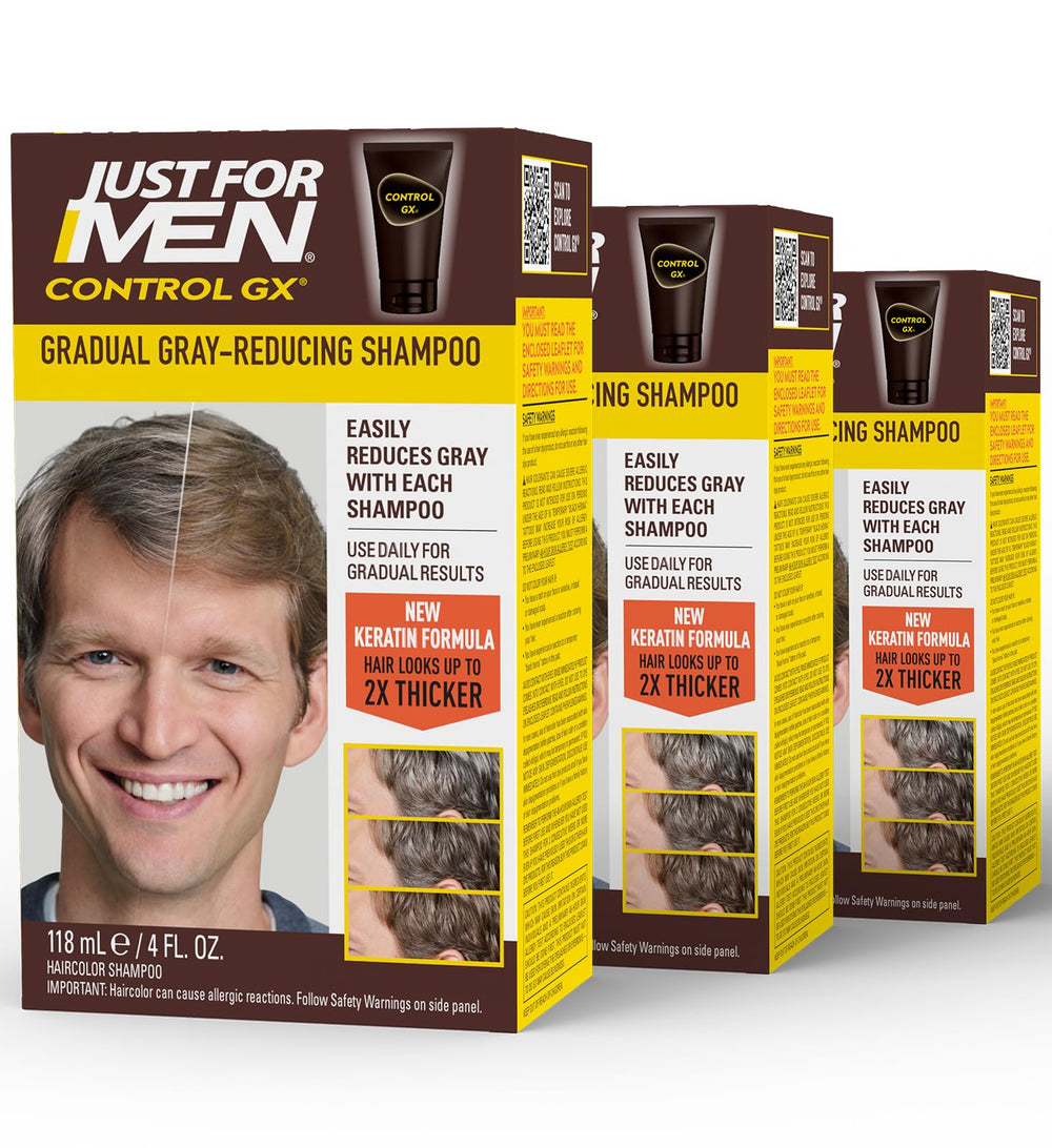 Just for Men front bottle view showing product and natural grey control benefit
