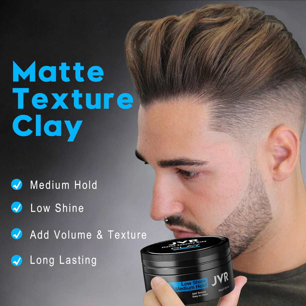 JVR hair clay open jar close-up texture showing matte paste for easy styling